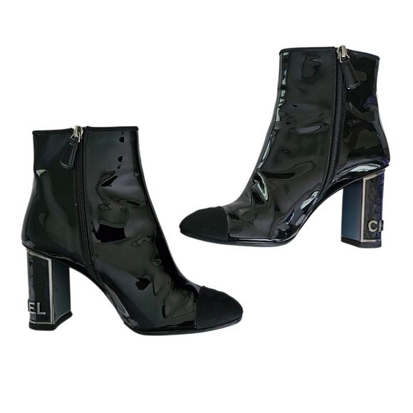 Chanel CC Cap Toe Logo Ankle Heel Boot Size 37.5 US 6.5 7 Black Patent Leather - Picture 7 of 14